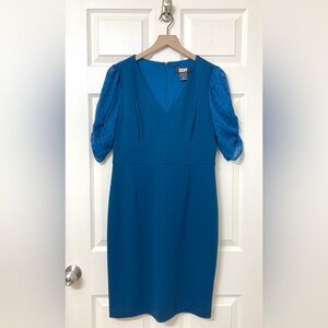 DKNY Women’s Sapphire Blue Polka Dot Puff Sleeve V Neck Sheath Dress Size 12